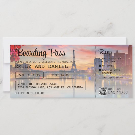 Parijs Bestemming Boarding Pass Bruiloft Kaart (Voorkant)