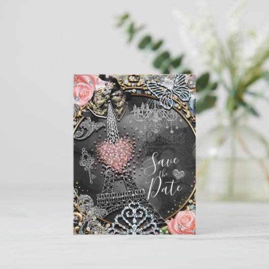 Parijs Bling Glamour Glitters Frankrijk Datum opsl Aankondigingskaart (Staand voorkant)