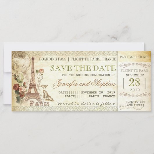 Parijs boarding pass tickets voor de datum opslaan save the date (Voorkant)