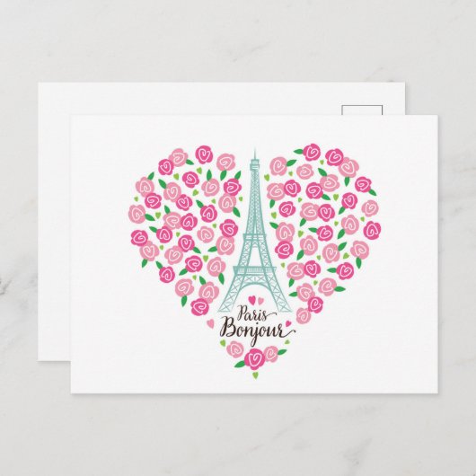 Parijs Bonjour | Floral Heart Briefkaart (Voorkant / Achterkant)