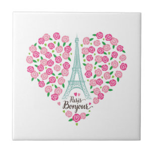 Parijs Bonjour Floral Heart Tegeltje