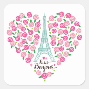 Parijs Bonjour   Floral Heart Vierkante Sticker