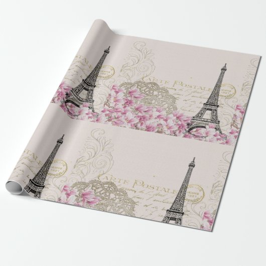 Parijs Eifel Tower Square  Roze Rozen Kunst Cadeaupapier (Uitgerold)