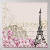 Parijs Eifel Tower Square  Roze Rozen Kunst Poster (Voorkant)