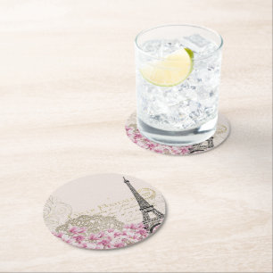 Parijs Eifel Tower Square Roze Rozen Kunst Ronde Kartonnen Onderzetter