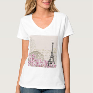 Parijs Eifel Tower Square  Roze Rozen Kunst T-shirt