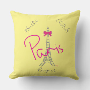 Parijs, Eiffel Tower Pink Bow Frans Modern Geel Kussen