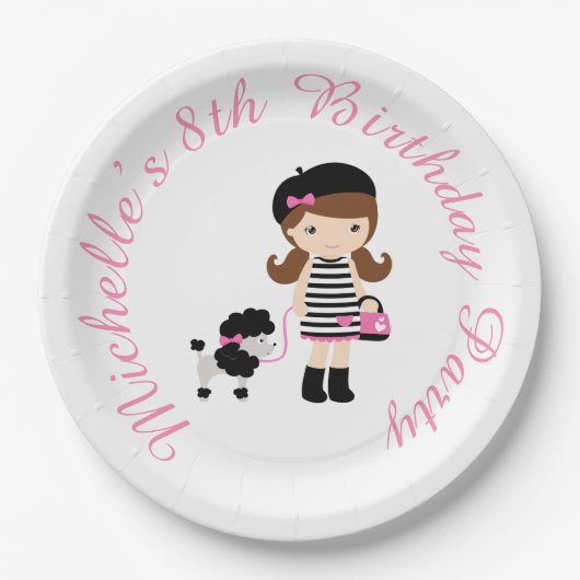 Parijs Eiffeltoren Brunette Meisje Papieren Bordje (Voorkant)