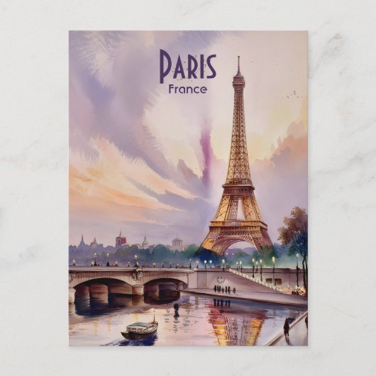 Parijs Eiffeltoren Frankrijk Sunset Waterverf Trav Briefkaart (Voorkant)