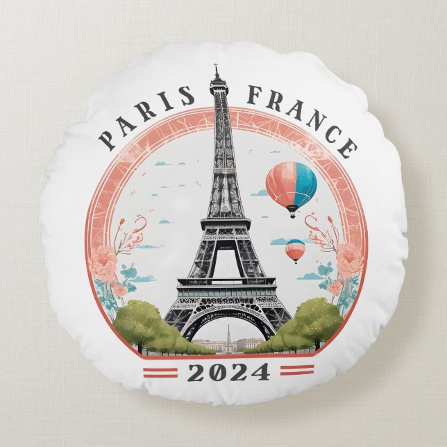 Parijs Frankrijk 2024 Lumbar Kussens, Eiffeltoren Rond Kussen (Voorkant)