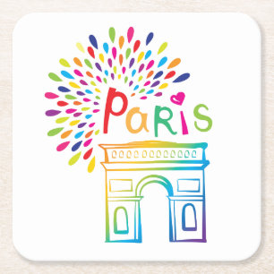 Parijs Frankrijk Arc de Triomphe Neon Design Vierkante Kartonnen Onderzetter