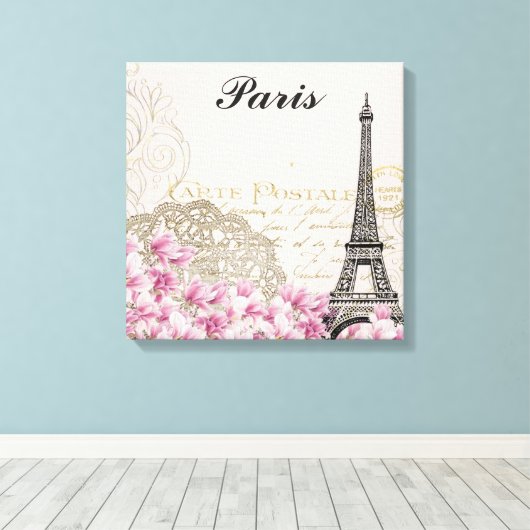 Parijs Frankrijk Eiffel Tower  roze bloemen Canvas Afdruk (Insitu (Houten vloer))