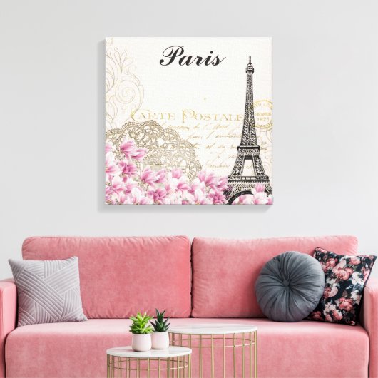 Parijs Frankrijk Eiffel Tower  roze bloemen Canvas Afdruk (Insitu (Woonkamer))