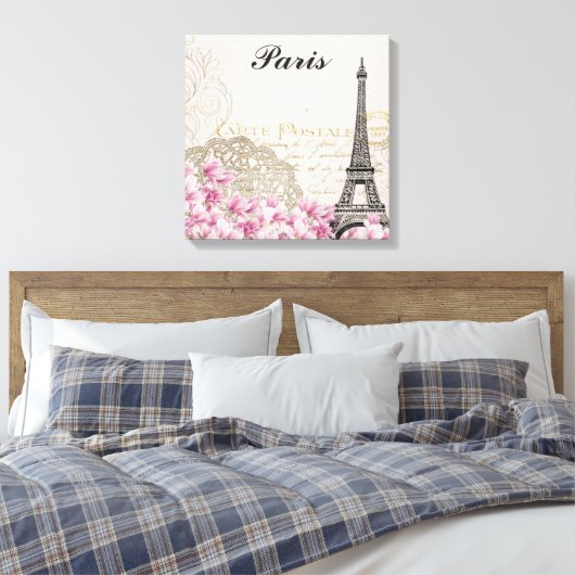 Parijs Frankrijk Eiffel Tower  roze bloemen Canvas Afdruk (Insitu (Slaapkamer))