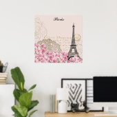 Parijs Frankrijk Eiffeltoren roze bloemen mos Poster (Thuiskantoor)