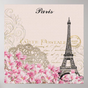 Parijs Frankrijk Eiffeltoren roze bloemen mos Poster