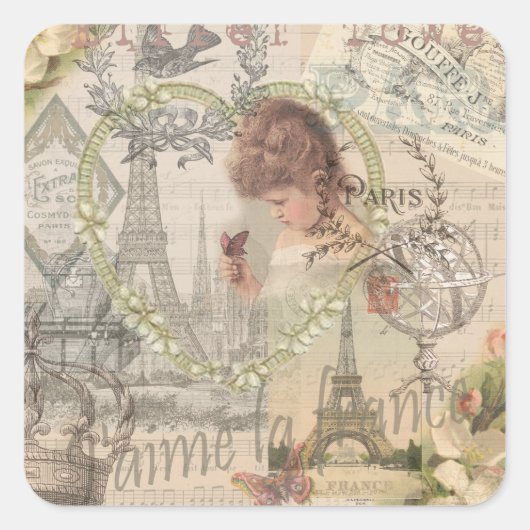 Parijs Frankrijk  meisje Eiffel Vierkante Sticker (Voorkant)