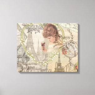 Parijs Frankrijk Mooie Meisje Zachte Eiffeltoren Canvas Afdruk