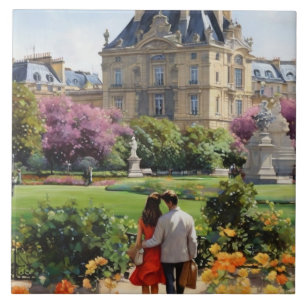 Parijs Liefde: Romantisch stel Jardin du Luxembour Tegeltje