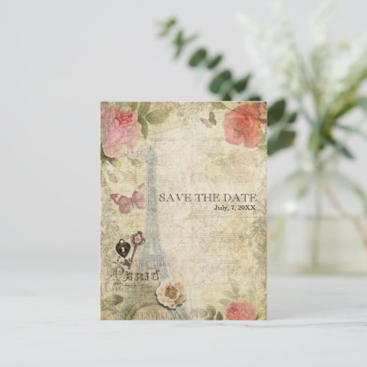  Parijs roze rozen bruiloft BEWAREN DE DATUM Aankondigingskaart (Staand voorkant)