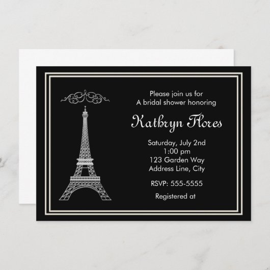 Parijs Witte Eiffeltoren op zwarte Franse uitnodig Kaart (Voorkant / Achterkant)