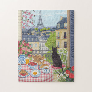 Parijse Balkon Kat Ontbijt Eiffeltoren Legpuzzel