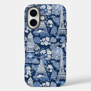 Parijse Blauwe Toile patterned stof iPhone 16 Hoesje