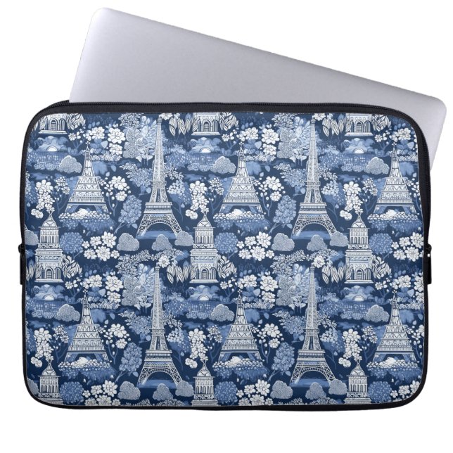 Parijse Blauwe Toile patterned stof Laptop Sleeve (Voorkant)