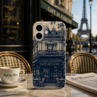 Parijse Café Blauw Wit iPhone 16 Hoesje