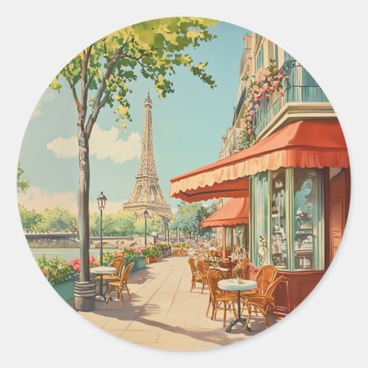 Parijse Café met Eiffel Uitzicht Ronde Sticker (Voorkant)