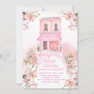 Parijse Cafe Roze Bloemen Baby shower Kaart