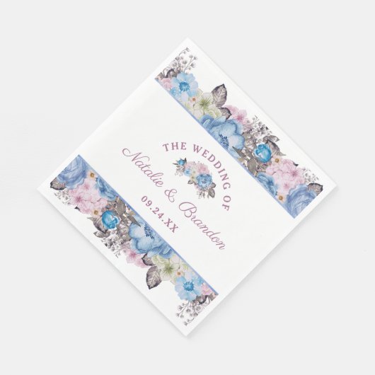 Parijse Charm Blauw & Roze Bloemen Bruiloft Monogr Servet (Hoek)