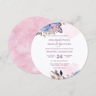 Parijse Charm Blauw & Roze Bloemen Bruiloft Ronde Kaart