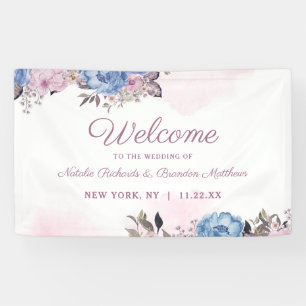 Parijse Charm Blauw & Roze Bloemen Bruiloft Welkom Spandoek