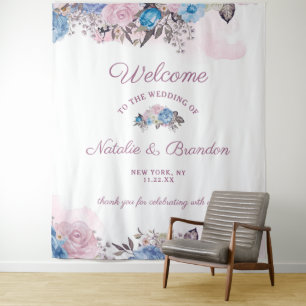 Parijse Charm Blauw & Roze Bloemen Bruiloft Welkom Wandkleed