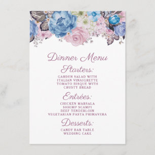 Parijse Charm Blauw & Roze Bloemen Chique Diner Menu