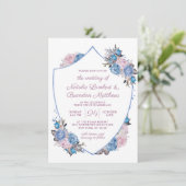 Parijse Charm Blauw & Roze Bloemen Crest Bruiloft Kaart (Staand voorkant)