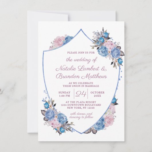 Parijse Charm Blauw & Roze Bloemen Crest Bruiloft Kaart (Voorkant)