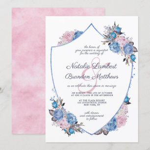 Parijse Charm Blauw & Roze Bloemen Crest Bruiloft Kaart