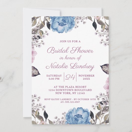 Parijse Charme Blauw Bloemig Bruids Bruiloft Feest Kaart (Voorkant)