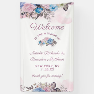 Parijse charme blauw & roze bloemige huwelijks wel spandoek