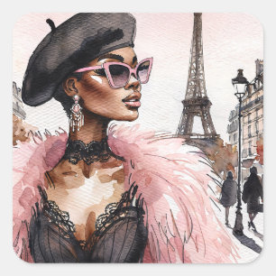Parijse Chic Zwarte Vrouw in Frankrijk Waterverf Vierkante Sticker