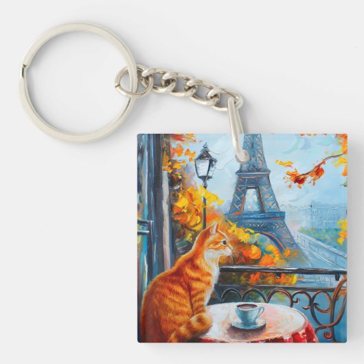 Parijse herfst | Ginger Cat in een café Sleutelhanger (voorkant)