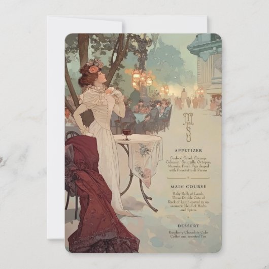 Parijse Nacht Art Nouveau Trouwmenu Kaart (Voorkant)