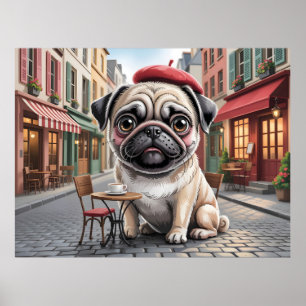 Parijse pug op stoepcafé poster