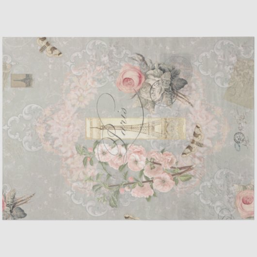  Parijse roze bloemen Eiffeltoren - Ontkoppeling Tissuepapier (Voorkant)