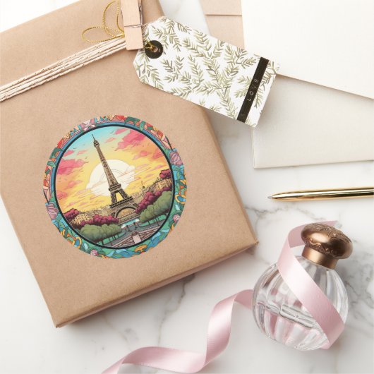 Parijse Sunset Eiffeltoren Parijs Franse Bloemen Ronde Sticker (Geschenken)