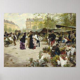 Parijse Vintage Bloemenmarkt Schilderij (Oude Kuns Poster