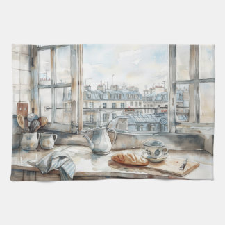 Paris Apartment Kitchen Watercolor with Rooftop Vi Theedoek