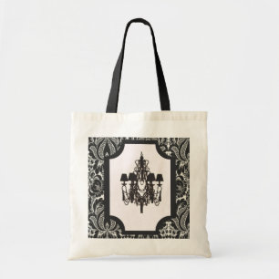 Paris art deco damast zwarte kroonluchter tote bag